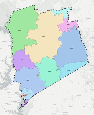 Pickens County SC ZIP code boundaries map