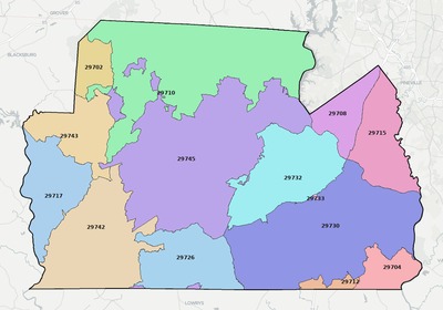 York County SC ZIP code boundaries map