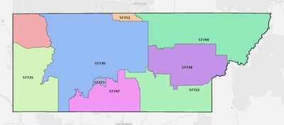 Custer County SD ZIP code boundaries map