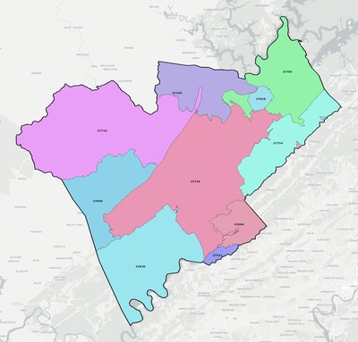 Anderson County TN ZIP code boundaries map