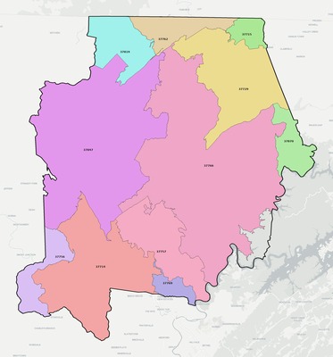 Campbell County TN ZIP code boundaries map