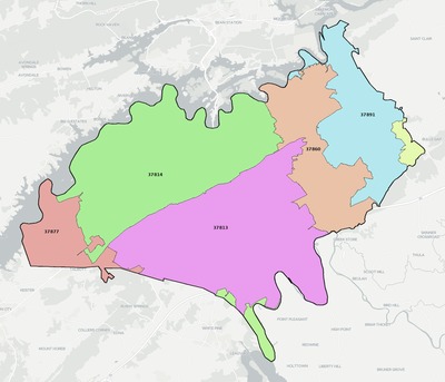 Hamblen County TN ZIP code boundaries map