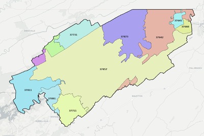 Hawkins County TN ZIP code boundaries map