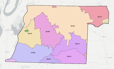 Obion County TN ZIP code boundaries map