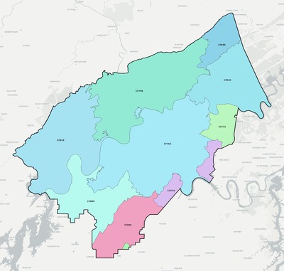 Roane County TN ZIP code boundaries map