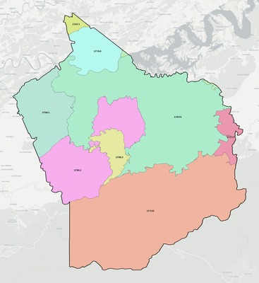 Sevier County TN ZIP code boundaries map
