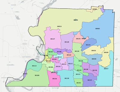 Shelby County TN ZIP code boundaries map