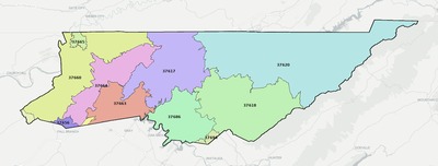 Sullivan County TN ZIP code boundaries map