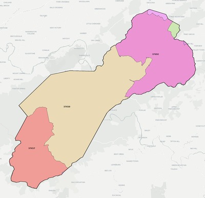 Unicoi County TN ZIP code boundaries map