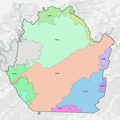 Union County TN ZIP code boundaries map