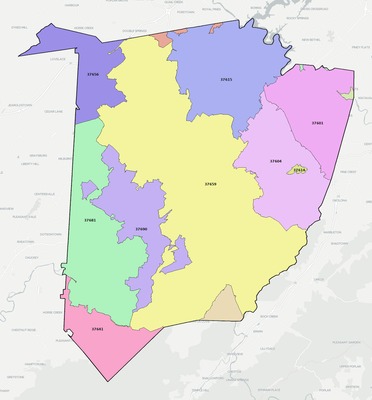 Washington County TN ZIP code boundaries map