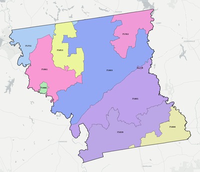 Anderson County TX ZIP code boundaries map