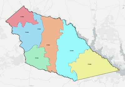 Angelina County TX ZIP code boundaries map