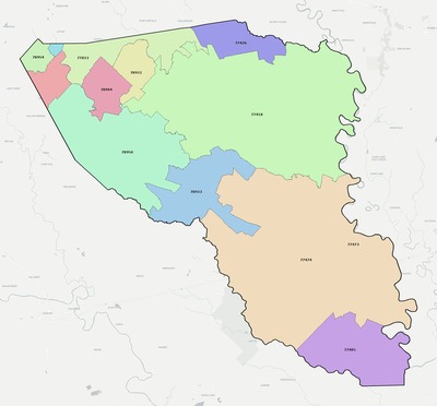 Austin County TX ZIP code boundaries map