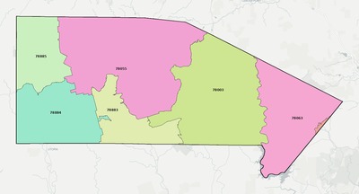 Bandera County TX ZIP code boundaries map