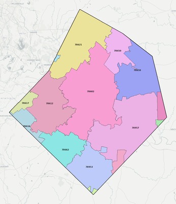 Bastrop County TX ZIP code boundaries map