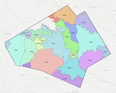 Bell County TX ZIP code boundaries map