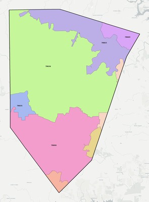 Blanco County TX ZIP code boundaries map