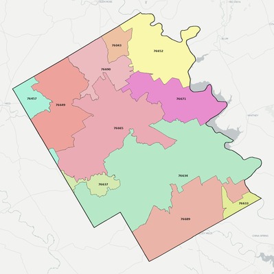 Bosque County TX ZIP code boundaries map