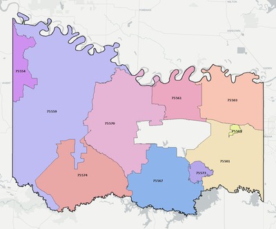 Bowie County TX ZIP code boundaries map