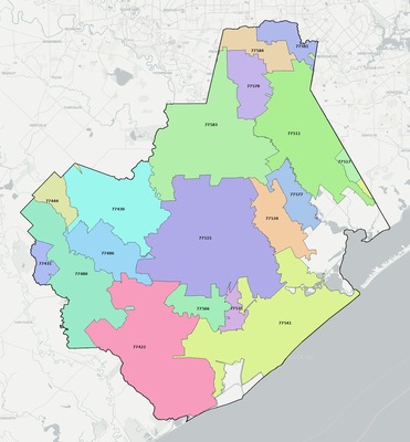 Brazoria County TX ZIP code boundaries map
