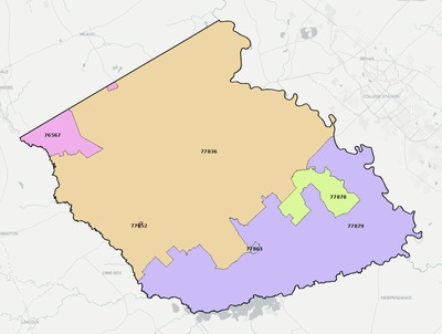 Burleson County TX ZIP code boundaries map