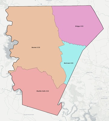 Burnet County TX townships and subdivisions map