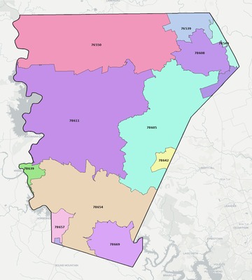 Burnet County TX ZIP code boundaries map