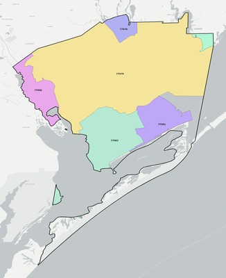 Calhoun County TX ZIP code boundaries map
