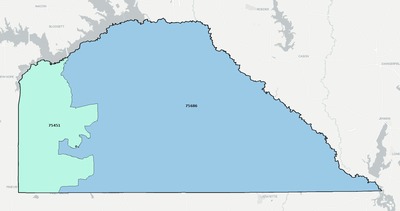 Camp County TX ZIP code boundaries map