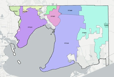 Chambers County TX ZIP code boundaries map
