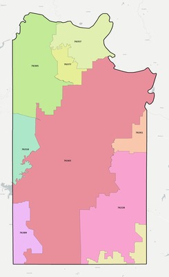 Clay County TX ZIP code boundaries map