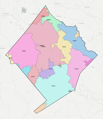 Colorado County TX ZIP code boundaries map