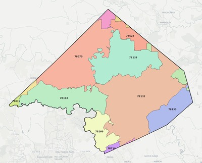 Comal County TX ZIP code boundaries map