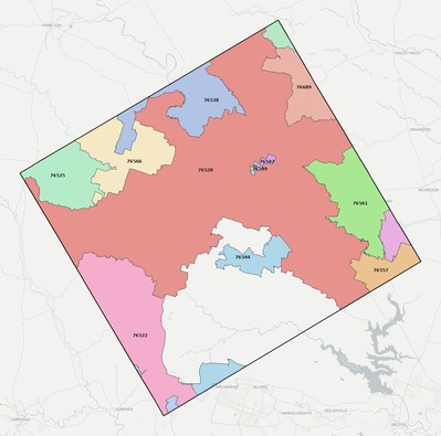 Coryell County TX ZIP code boundaries map
