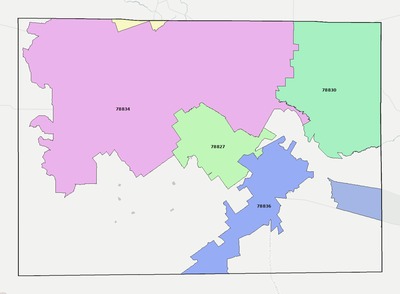 Dimmit County TX ZIP code boundaries map