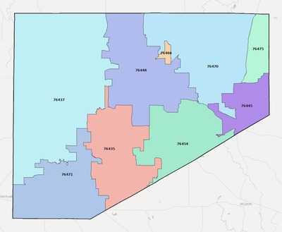 Eastland County TX ZIP code boundaries map