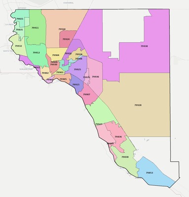 El Paso County TX ZIP code boundaries map