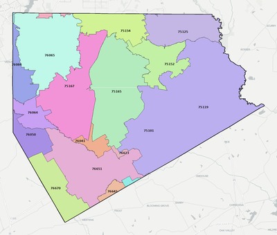 Ellis County TX ZIP code boundaries map