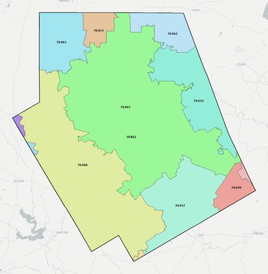 Erath County TX ZIP code boundaries map