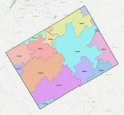 Falls County TX ZIP code boundaries map