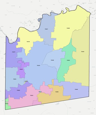Fannin County TX ZIP code boundaries map