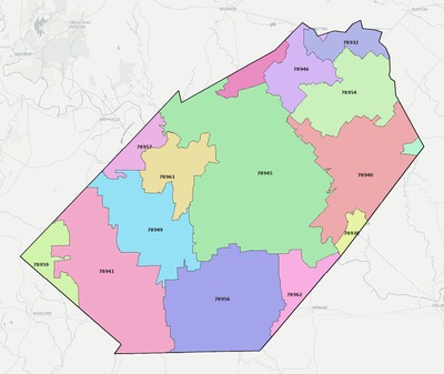 Fayette County TX ZIP code boundaries map