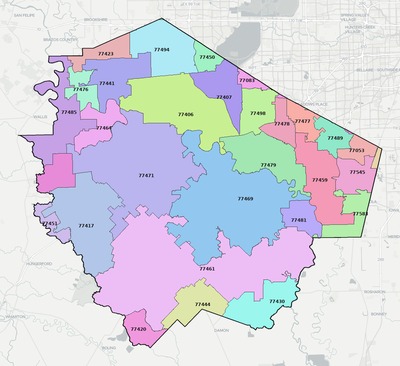 Fort Bend County TX ZIP code boundaries map