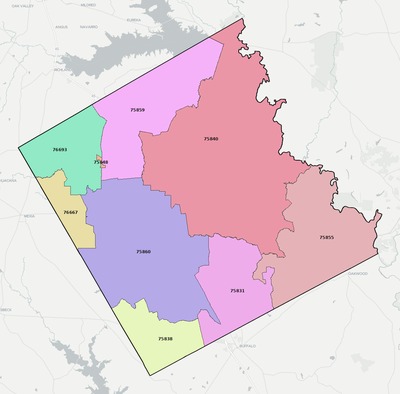 Freestone County TX ZIP code boundaries map