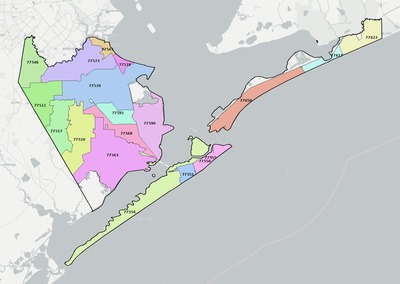 Galveston County TX ZIP code boundaries map