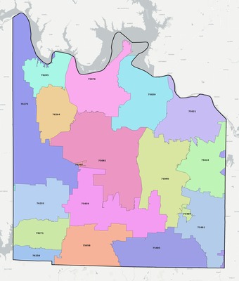 Grayson County TX ZIP code boundaries map