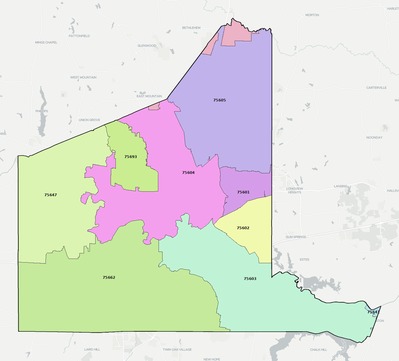Gregg County TX ZIP code boundaries map