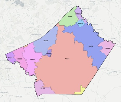 Guadalupe County TX ZIP code boundaries map
