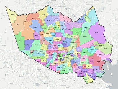 Harris County TX ZIP code boundaries map